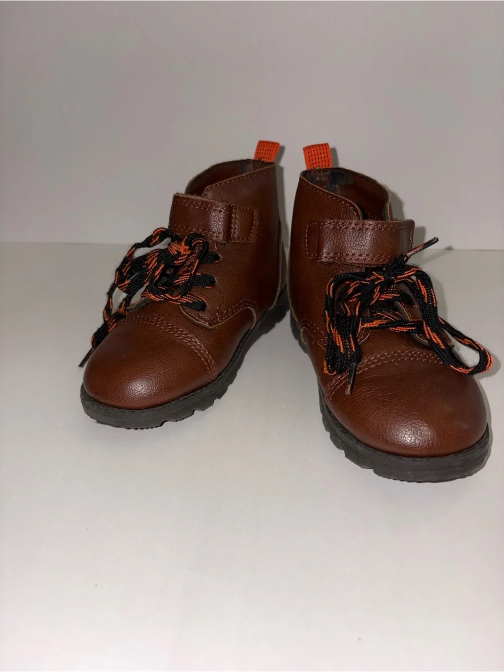 Carters- Kids Brown Leather Lace-Up Boots with Orange Accent